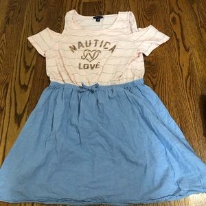 Dress with trips on the top and the bottom is blue